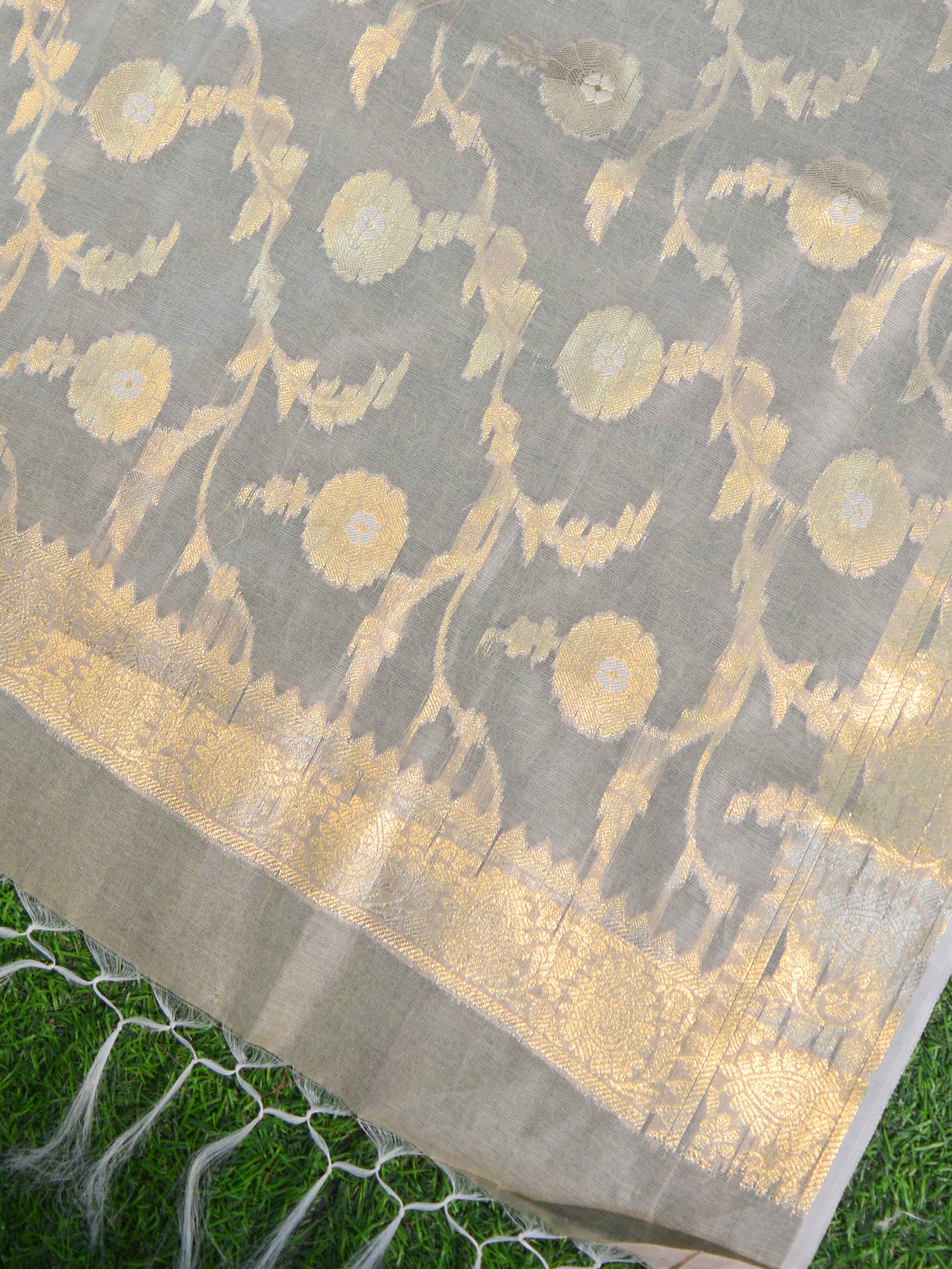 Banarasee Handwoven Salwar Kameez Cotton Silk Resham & Zari Jaal Woven Fabric-Beige