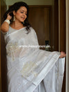 Banarasee Handloom Pure Linen By Tissue Embroidered Saree-Silver