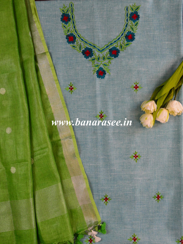 Handwoven Linen Kameez & Dupatta With Hand-Embroidered Work-Blue & Green