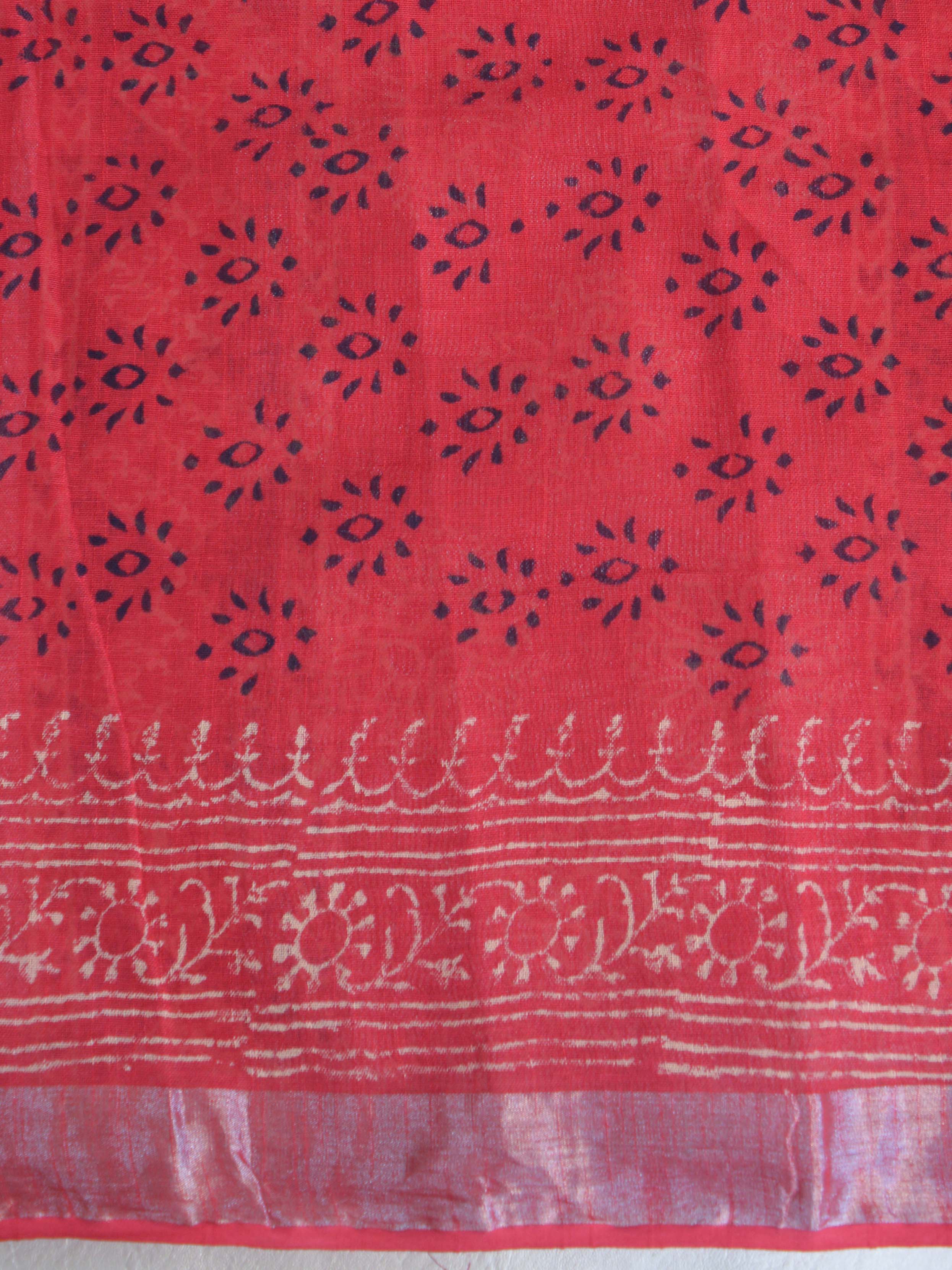 Bagru Hand-Block Printed Linen Cotton Saree-Red
