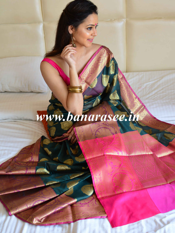 Banarasee Cotton Silk Mix Saree With Big Zari Buta & Floral Skirt Border-Green