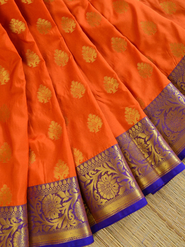 Banarasee Handwoven Semi Silk Saree With Zari Buta Design & Floral Border-Orange