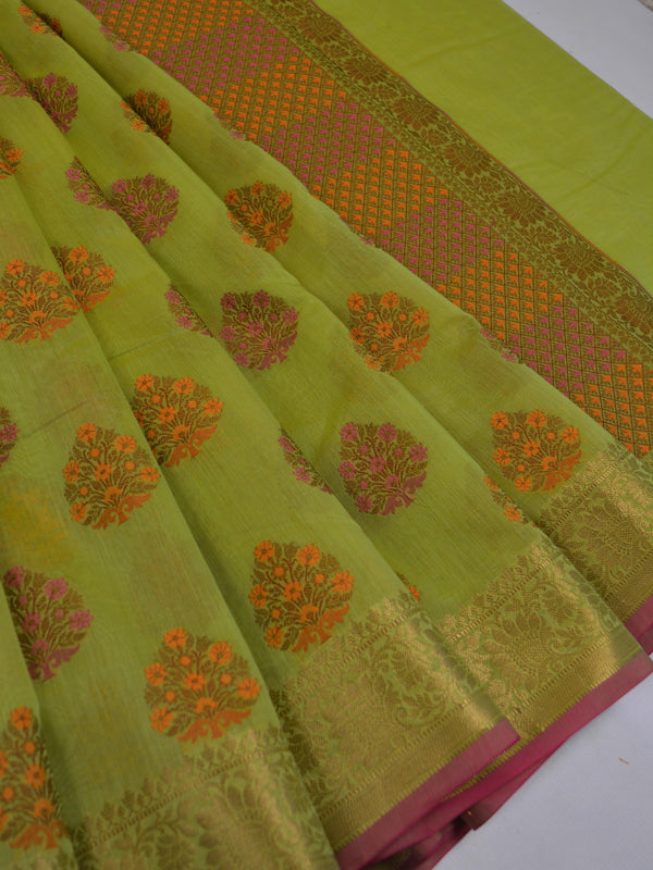 Banarasee Cotton Silk Mix Saree With Multicolor Resham Buta & Zari Border-Henna Green