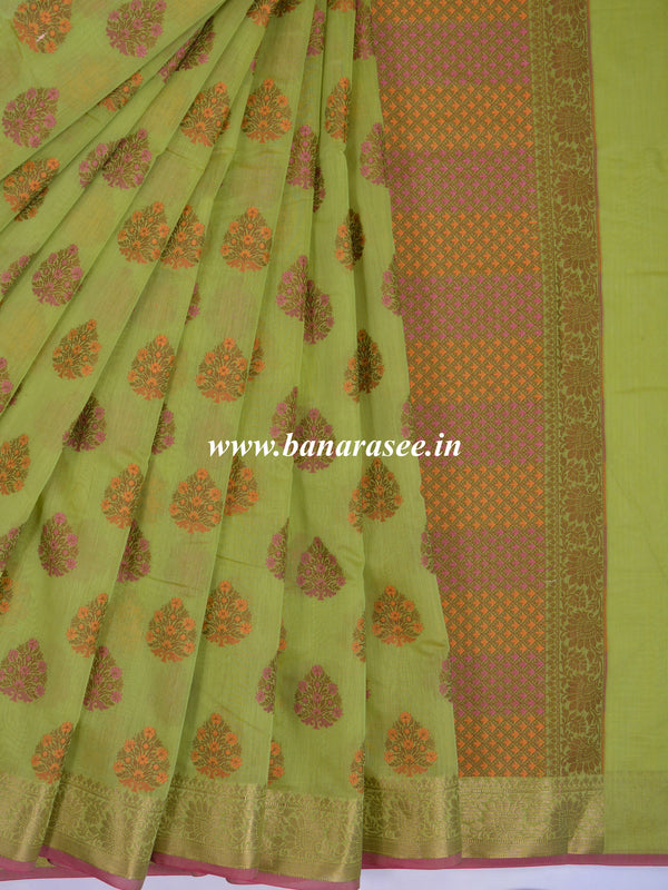Banarasee Cotton Silk Mix Saree With Multicolor Resham Buta & Zari Border-Henna Green