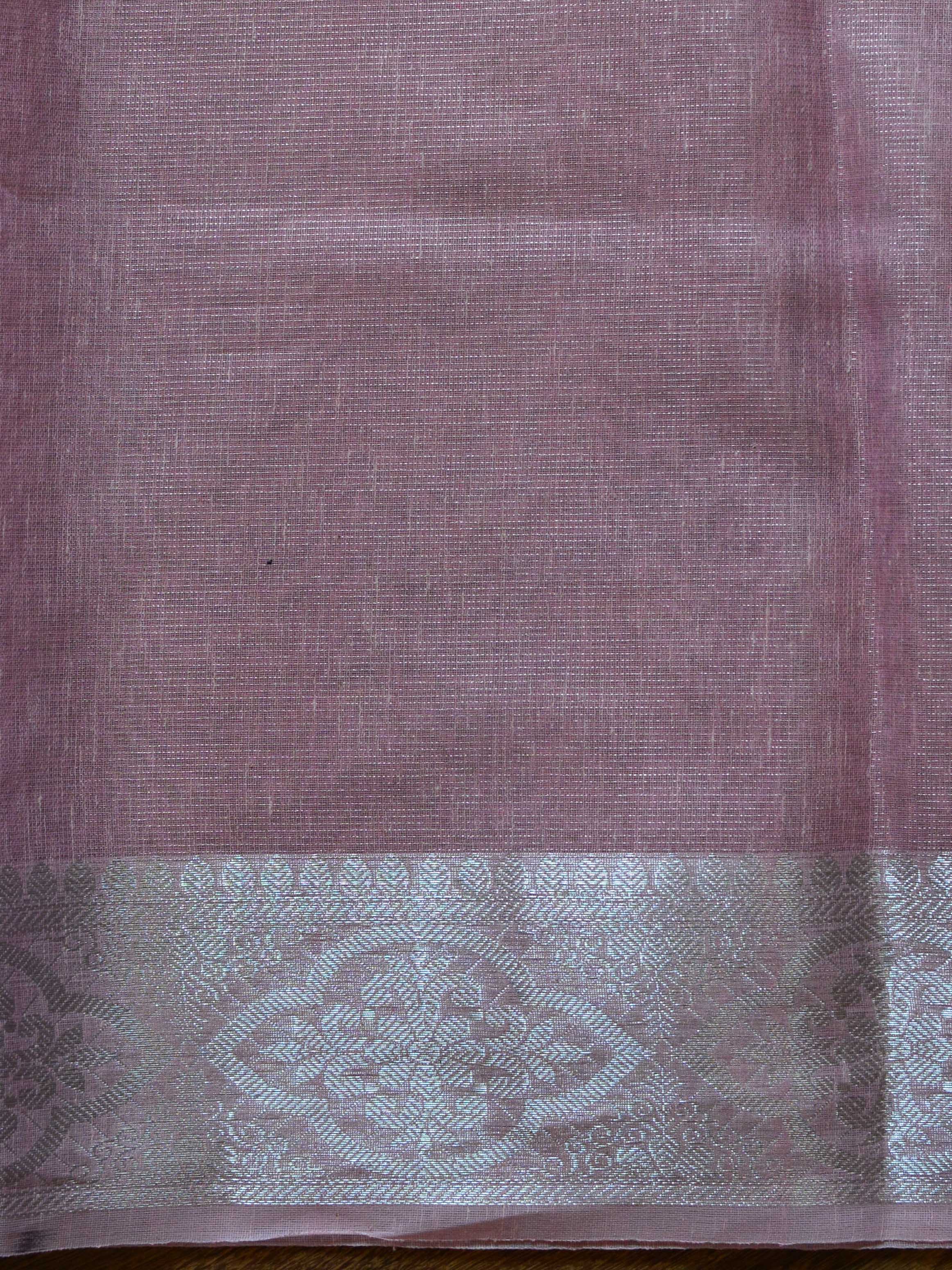 Banarasee Handloom Linen Mix Silver Zari Border Saree-Pink