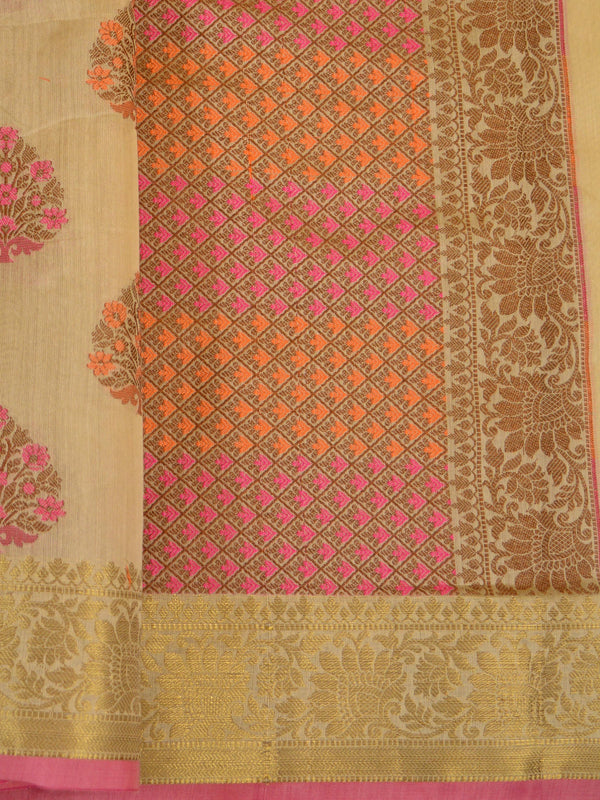 Banarasee Cotton Silk Mix Saree With Multicolor Resham Buta & Zari Border-Beige