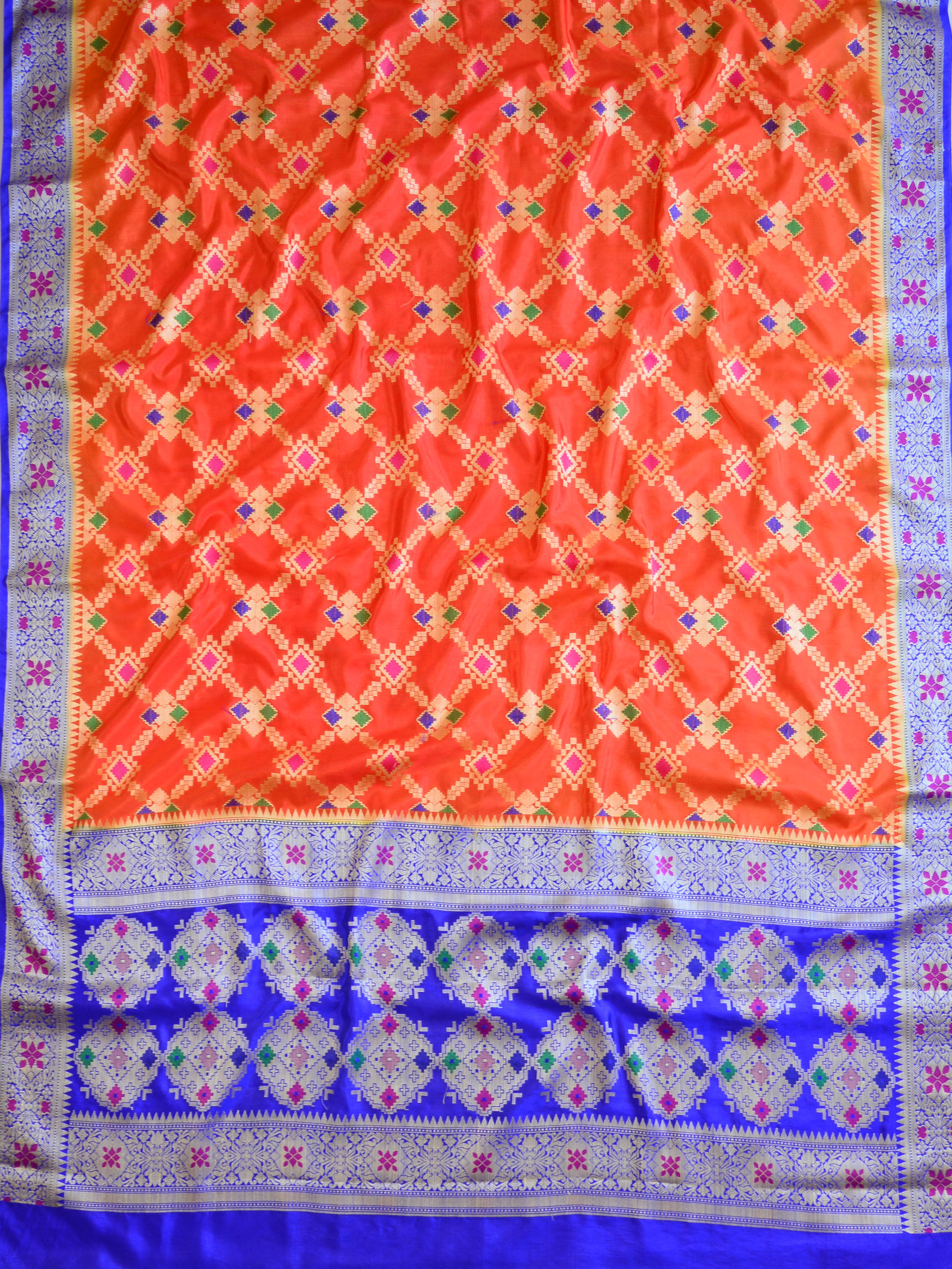 Banarasee Handwoven Semi Silk Saree With Jaal Design-Rust