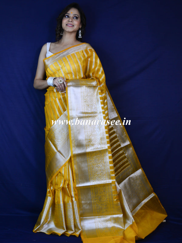 Banarasee Organza Mix Saree With Silver Zari-Yellow