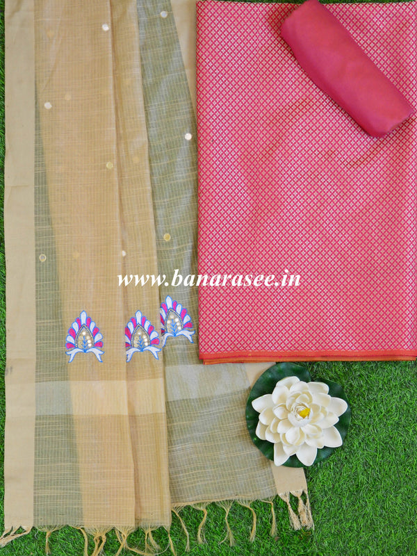 Banarasee Brocade Salwar Kameez Fabric With Mirror Work Dupatta-Pink & Beige