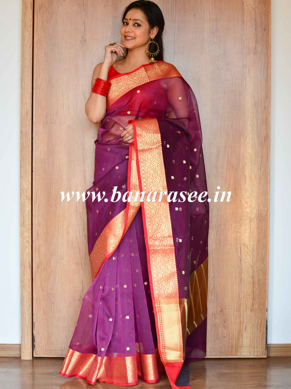 Banarasee Organza Mix Saree With Small Zari Buti & Skirt Border-Magenta