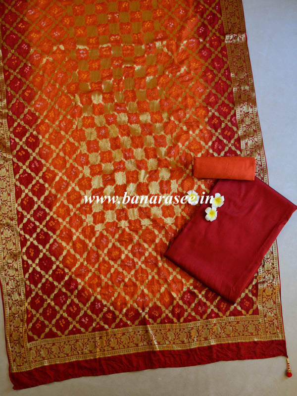 Banarasee Semi Silk Salwar Kameez Fabric & Bandhej Dupatta-Red & Orange