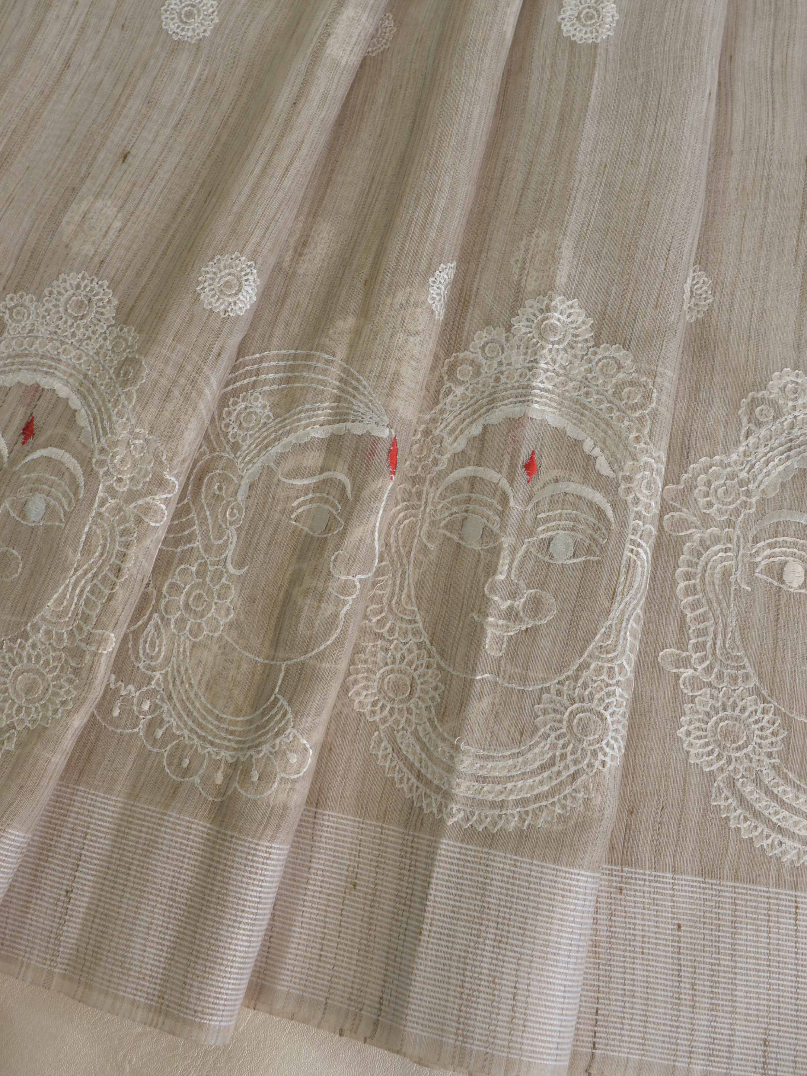Bhagalpur Cotton Silk Ghichha Work Embroidered Saree-Beige
