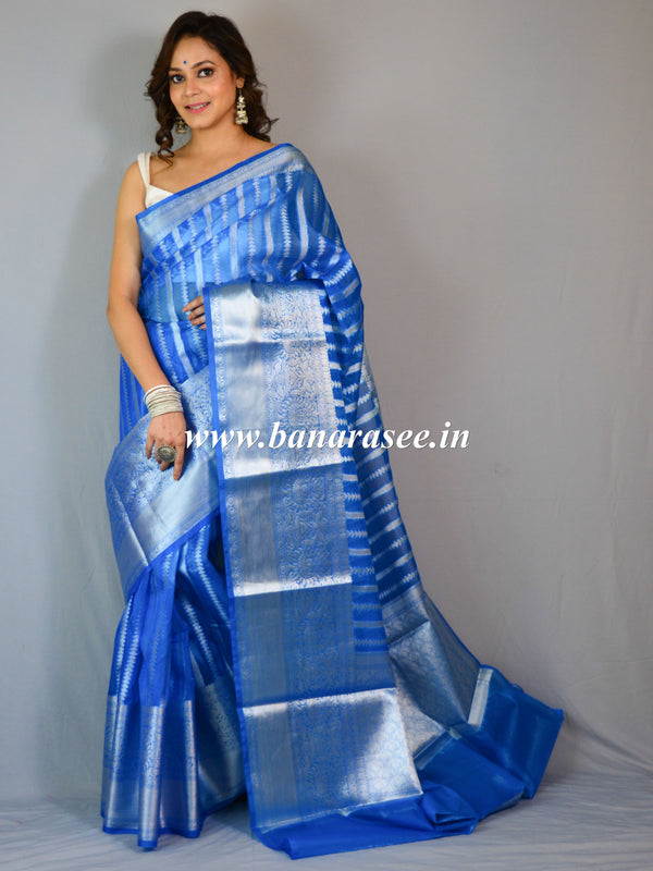 Banarasee Organza Mix Saree With Silver Zari-Blue