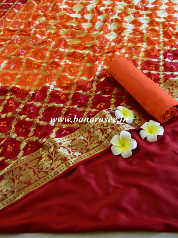 Banarasee Semi Silk Salwar Kameez Fabric & Bandhej Dupatta-Red & Orange