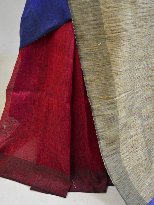 Banarasee Handloom Pure Linen Color Block Saree-Red & Blue