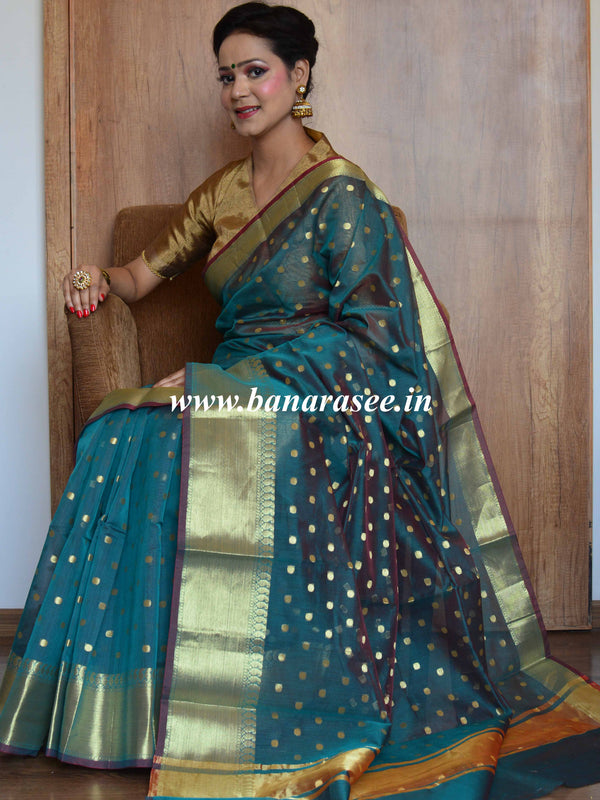 Banarasee Chanderi Cotton Zari Polka Dots With Skirt Border-Green