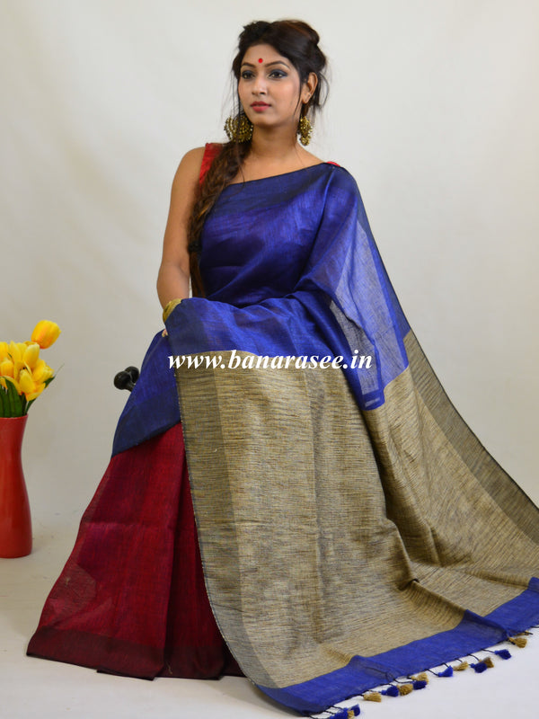 Banarasee Handloom Pure Linen Color Block Saree-Red & Blue