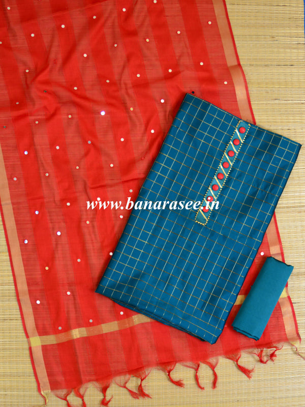 Banarasee Semi-Silk Salwar Kameez Fabric With Mirror Work Dupatta-Red & Green