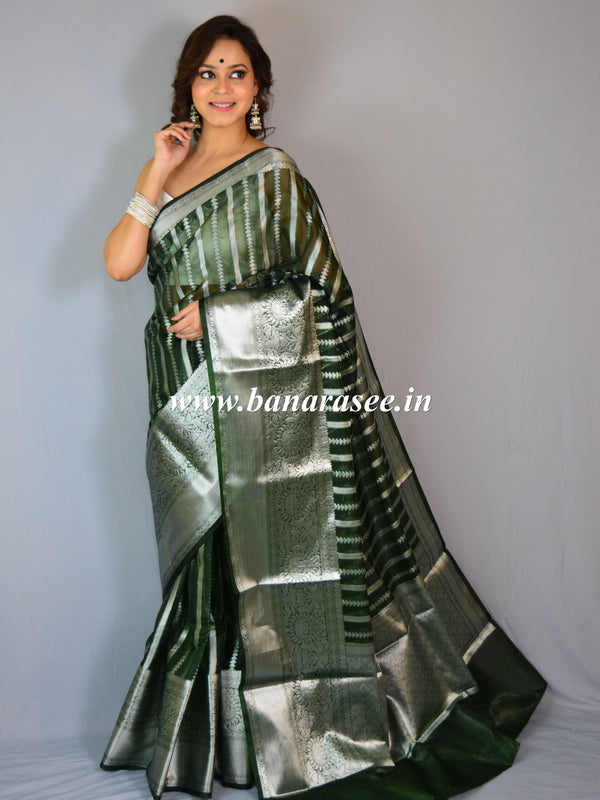 Banarasee Organza Mix Saree With Silver Zari-Green