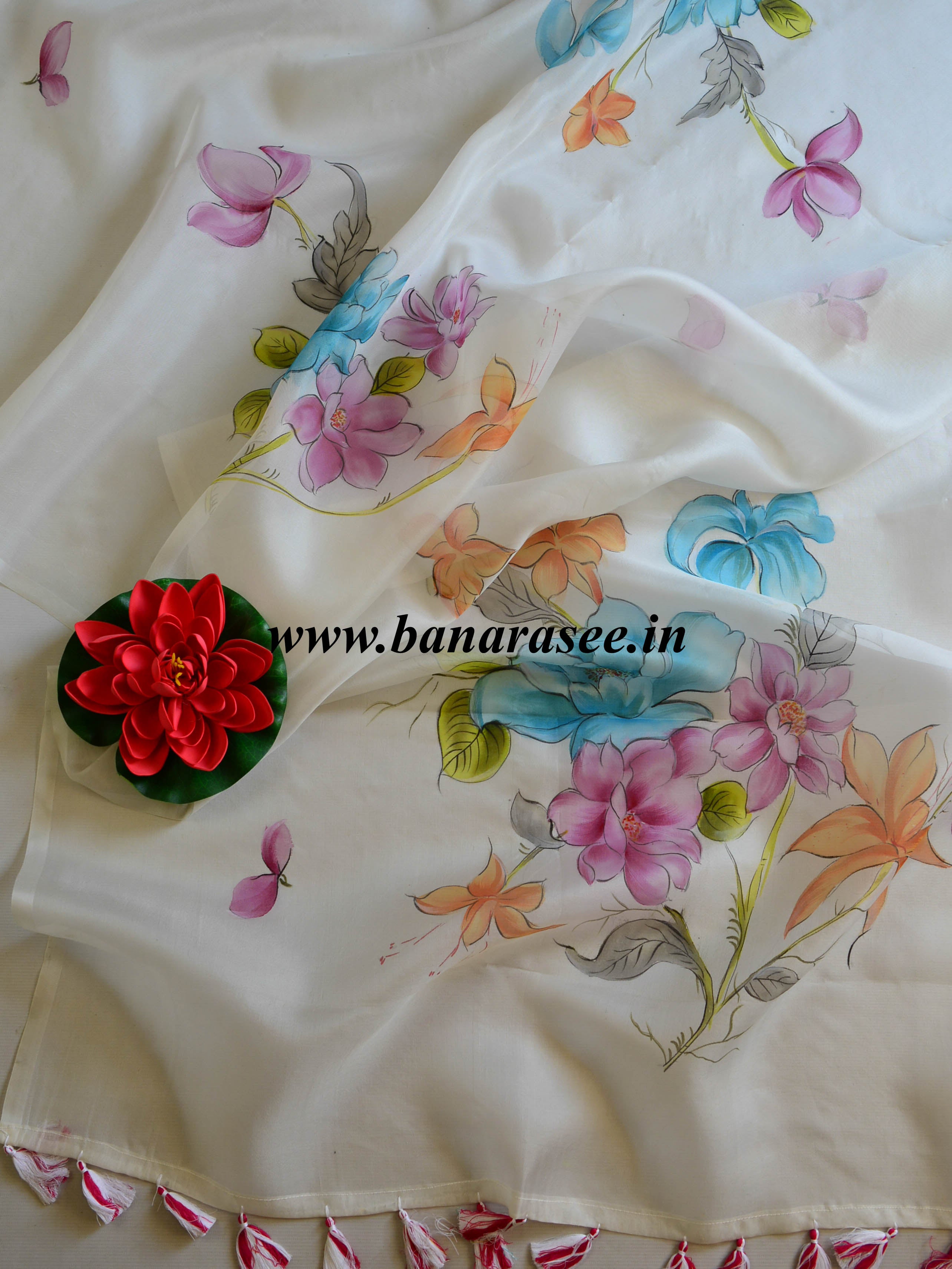 Banarasee Pure Organza Silk Saree With Hand-Paint Floral Design-White