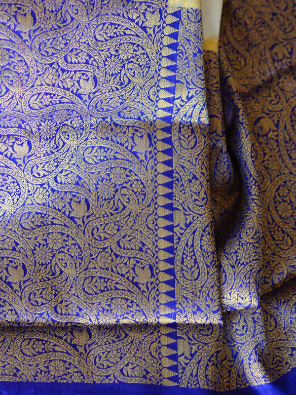 Banarasee Handwoven Semi Silk Saree Broad Zari Border-White & Blue