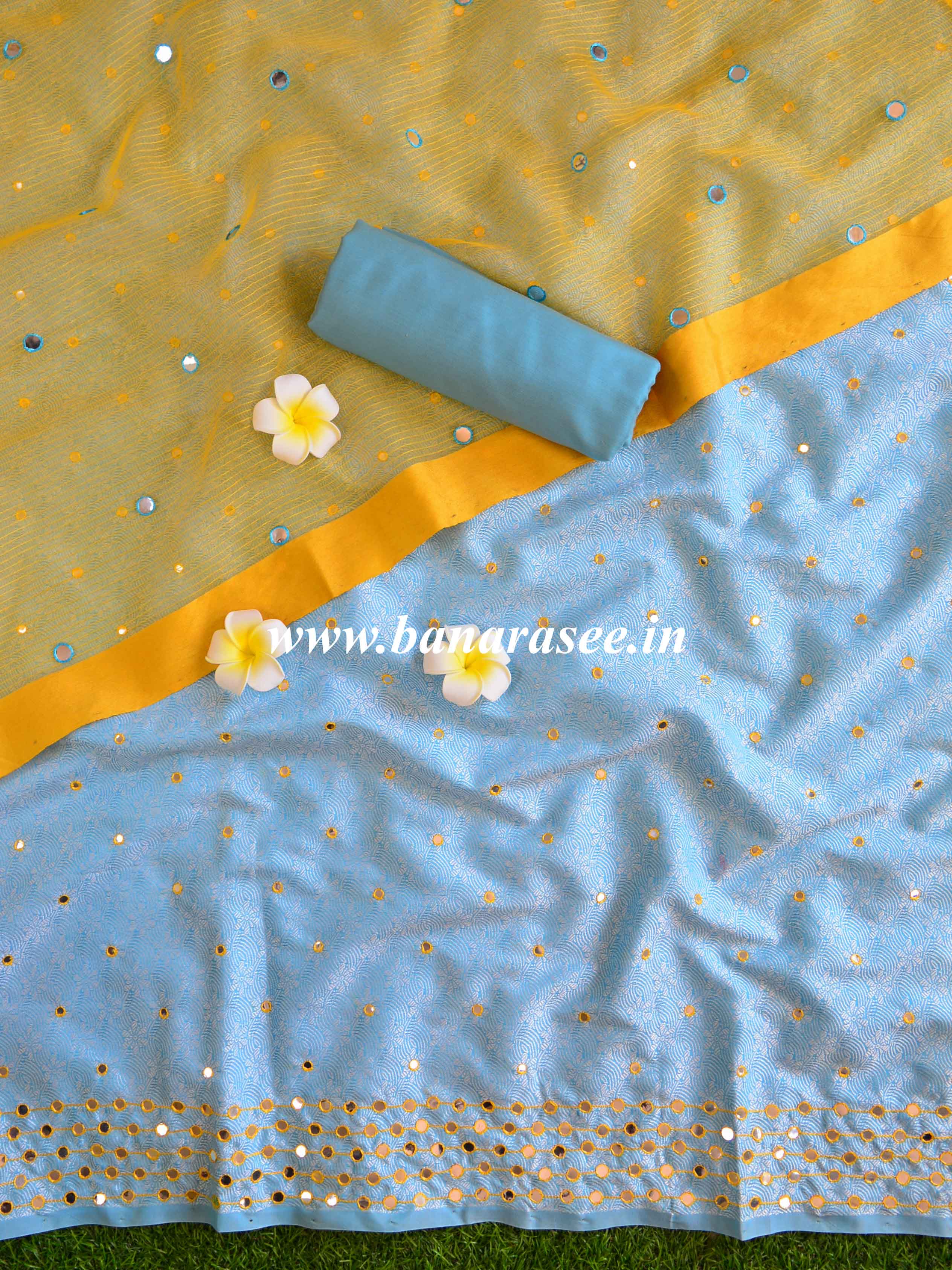 Banarasee Brocade Salwar Kameez Fabric With Mirror Work-Blue & Yellow