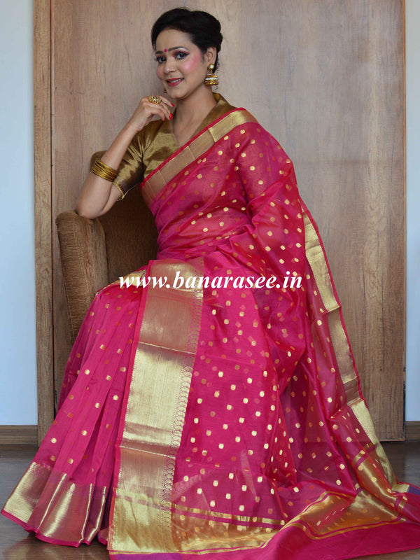 Banarasee Chanderi Cotton Zari Polka Dots With Skirt Border-Pink