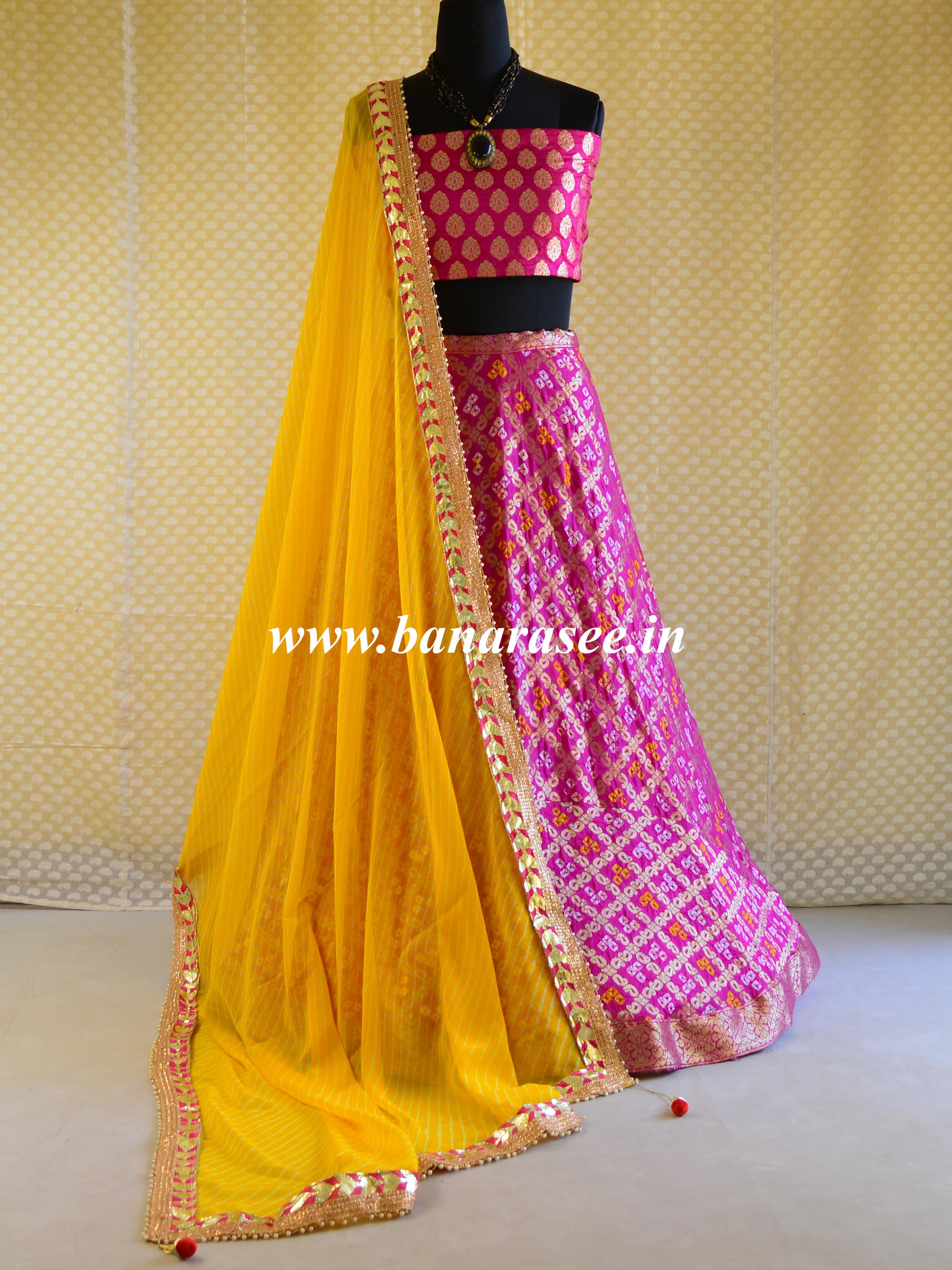 Banarasee Semi-Stitched Lehenga & Blouse Fabric With Chiffon Dupatta-Pink & Yellow