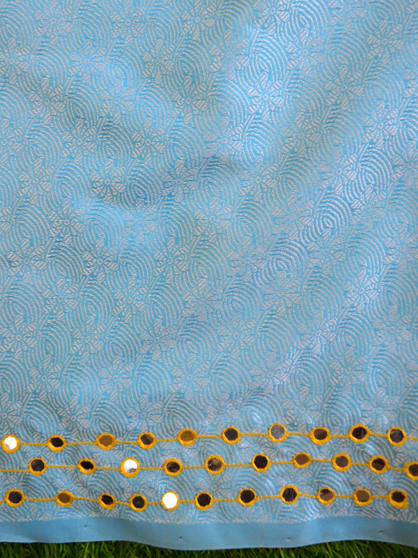 Banarasee Brocade Salwar Kameez Fabric With Mirror Work-Blue & Yellow
