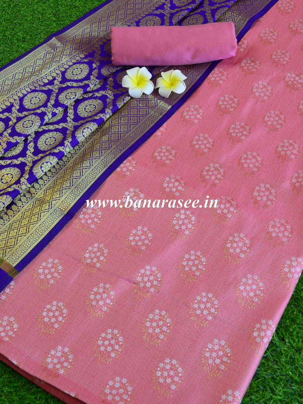 Banarasee Art Silk Salwar Kameez Fabric With Contrast Dupatta-Pink & Blue