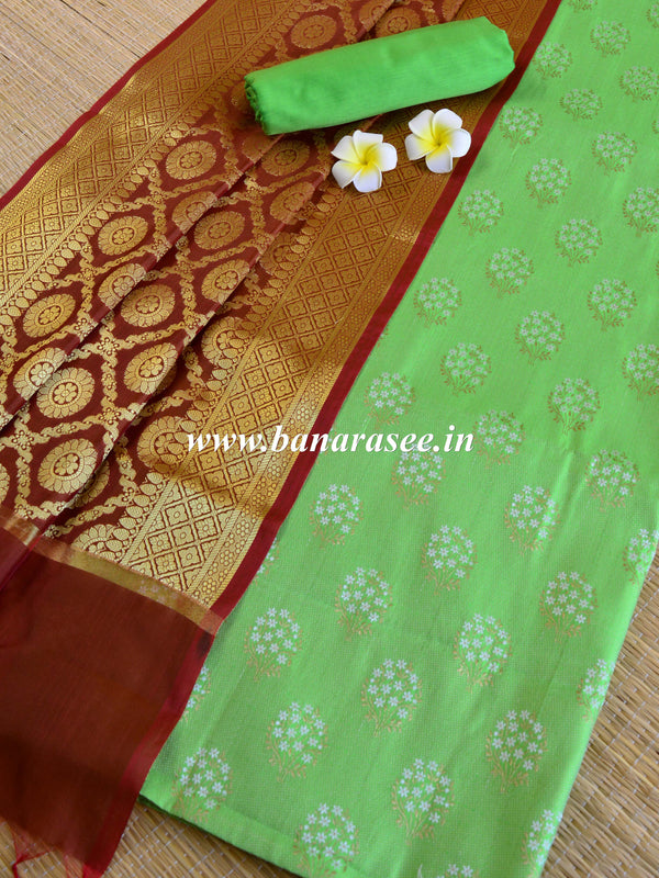 Banarasee Art Silk Salwar Kameez Fabric With Contrast Dupatta-Green & Brown