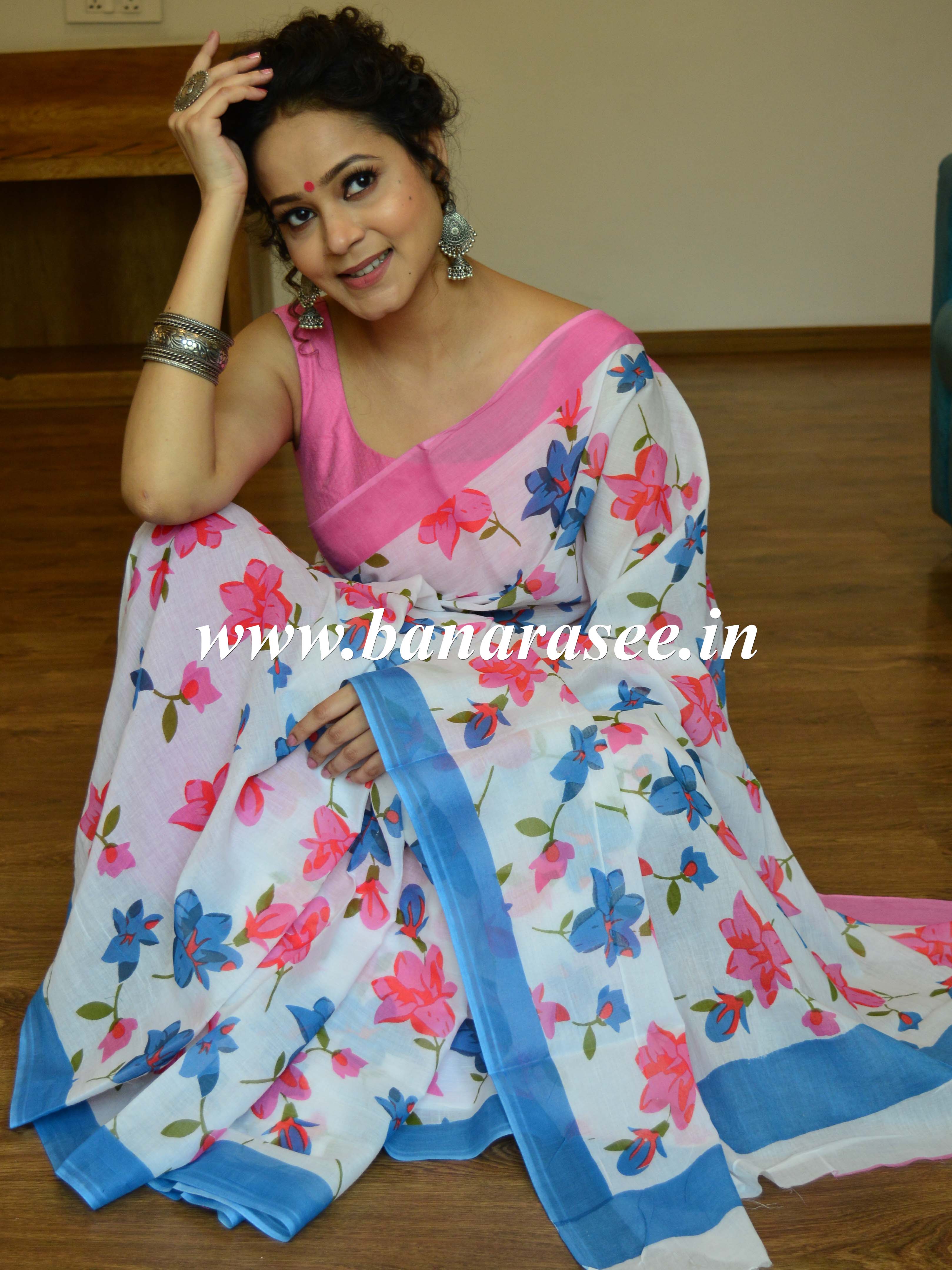 Handloom Mul Cotton Ajrakh Print Saree-White