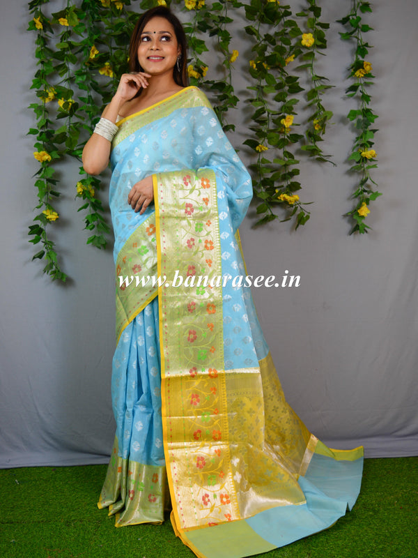 Banarasee Organza Mix Saree With Silver Zari Buta & Contrast Satin Border-Blue