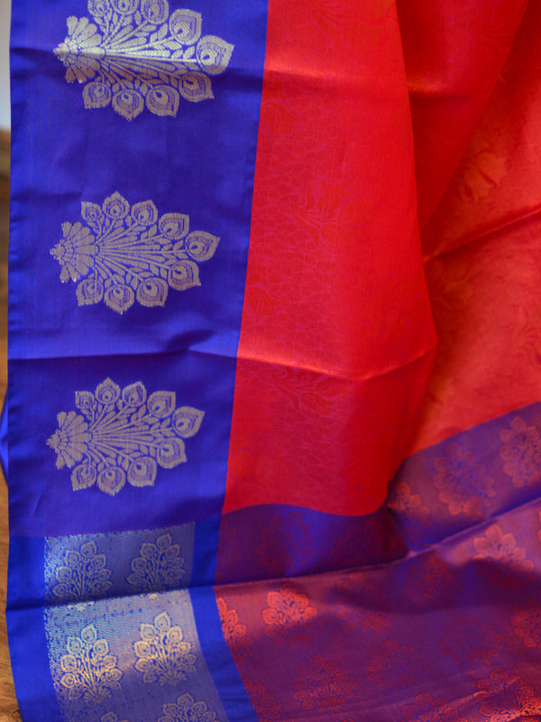 Banarasee Kora Muslin Saree With Buta Design & Skirt Border-Red & Blue