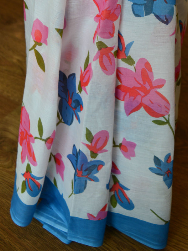 Handloom Mul Cotton Ajrakh Print Saree-White