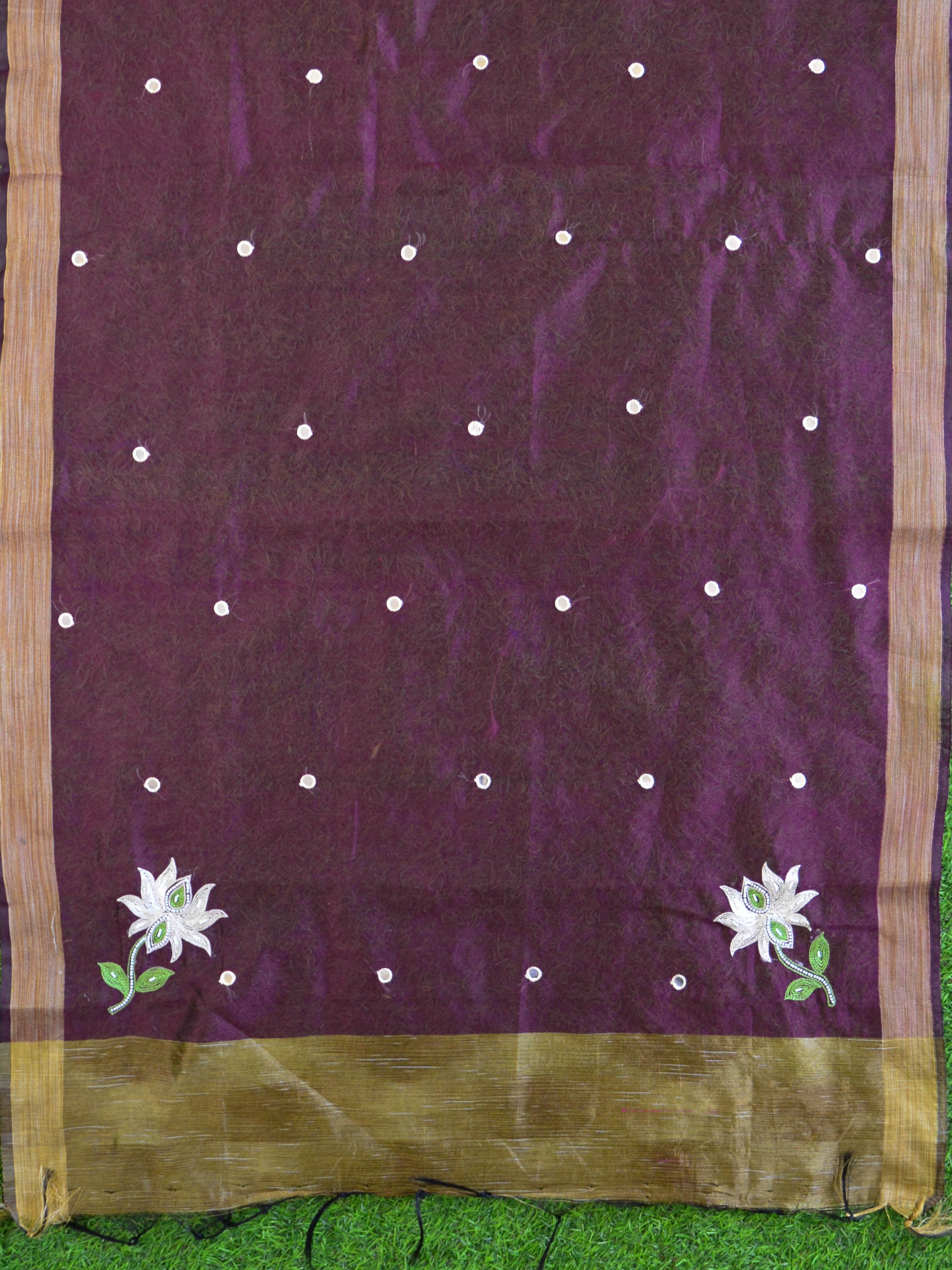 Banarasee Hand-Embroidery Chanderi Cotton Salwar Kameez Fabric With Art Silk Dupatta-Beige & Wine