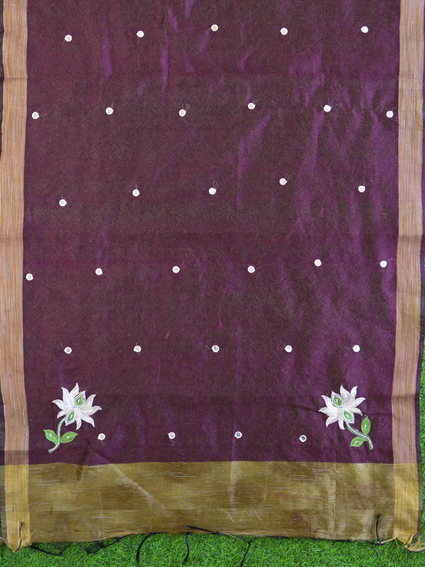 Banarasee Hand-Embroidery Chanderi Cotton Salwar Kameez Fabric With Art Silk Dupatta-Beige & Wine