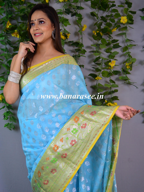 Banarasee Organza Mix Saree With Silver Zari Buta & Contrast Satin Border-Blue