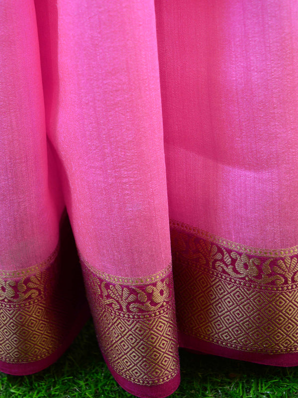 Banarasee Handwoven Pure Muga Silk Sari With Floral Border & Pallu-Pink