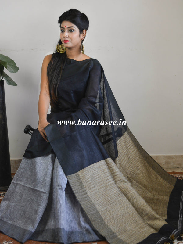 Bhagalpuri Handloom Pure Linen Saree-Black With Grey