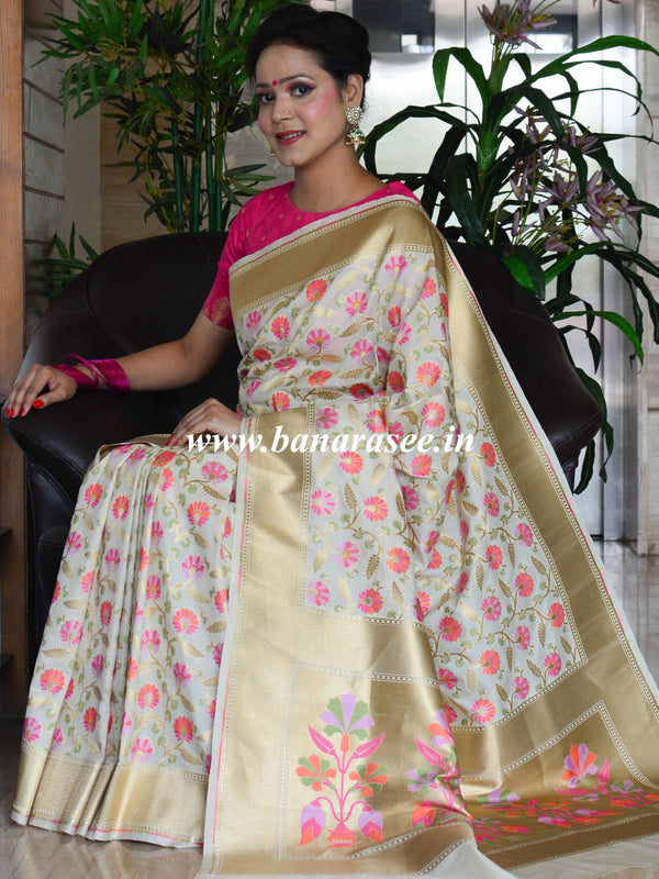 Banarasee Pure Silk Saree With Floral Jaal-White