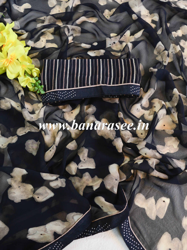 Banarasee Chiffon Blend Saree With Floral Print Sequins Border & Silk Blouse-Black