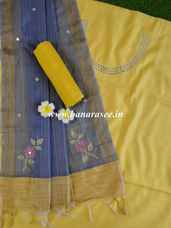 Banarasee Hand-Embroidery Chanderi Cotton Salwar Kameez Fabric With Art Silk Dupatta-Yellow & Grey