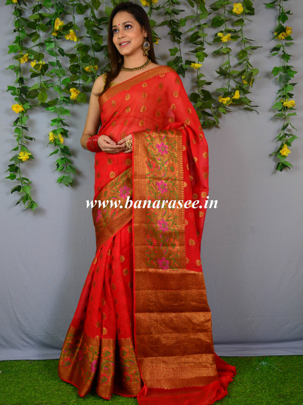 Banarasee Pure Chiffon Sari With Resham & Zari Work-Red