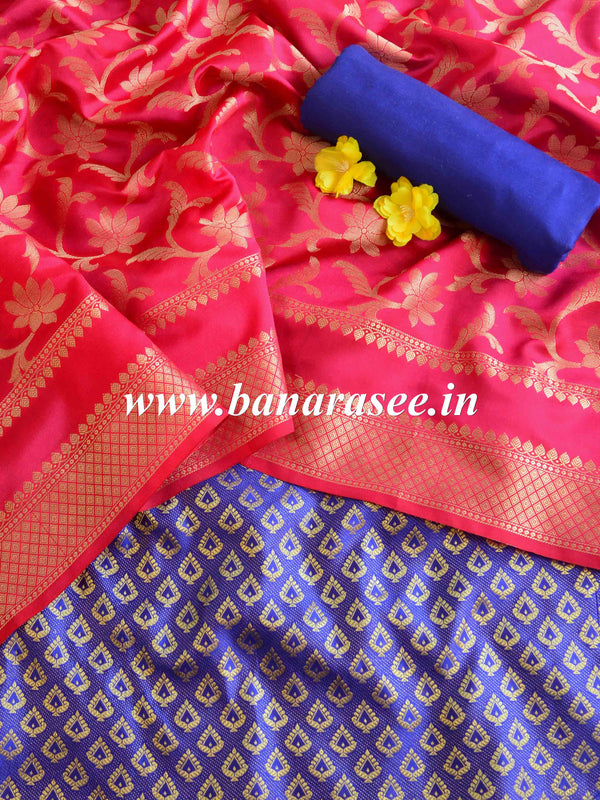 Banarasee Brocade Salwar Kameez Fabric With Art Silk Dupatta-Blue & Magenta