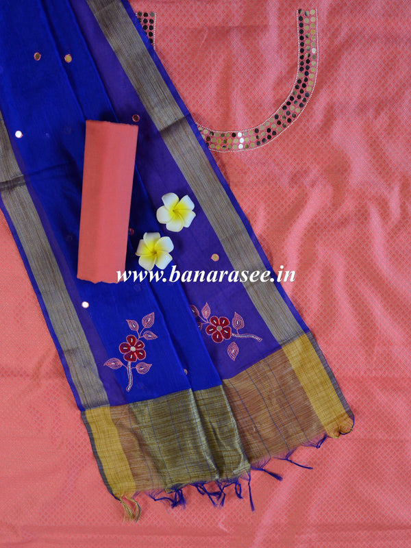 Banarasee Hand-Embroidery Chanderi Cotton Salwar Kameez Fabric With Art Silk Dupatta-Peach & Blue