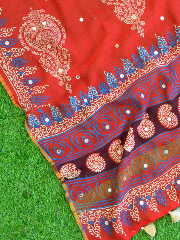 Banarasee Chanderi Bagru Print Dupatta With Mirror Work & Tassels-Bright Red