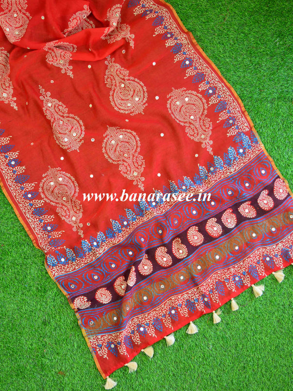 Banarasee Chanderi Bagru Print Dupatta With Mirror Work & Tassels-Bright Red