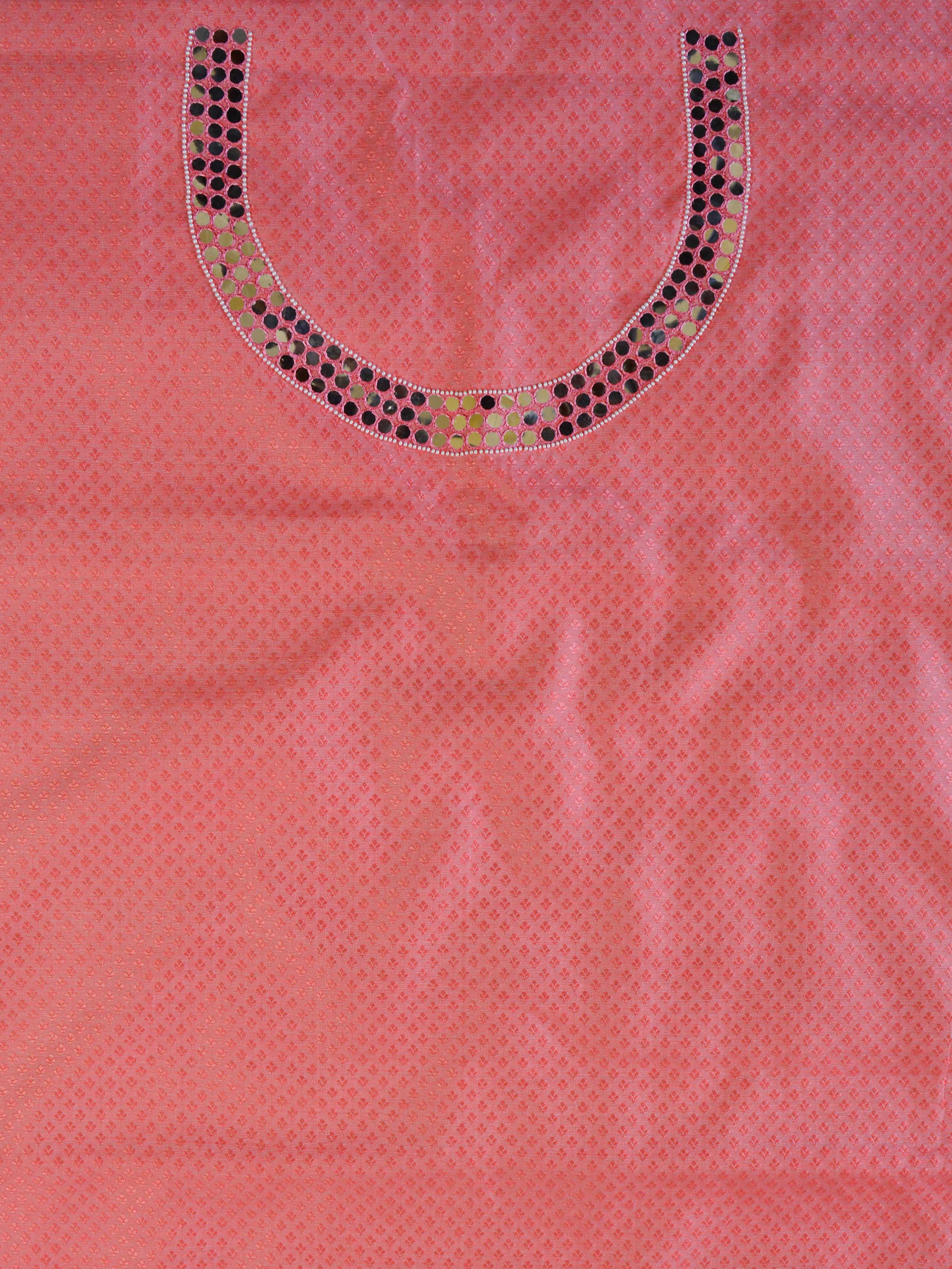 Banarasee Hand-Embroidery Chanderi Cotton Salwar Kameez Fabric With Art Silk Dupatta-Peach & Blue