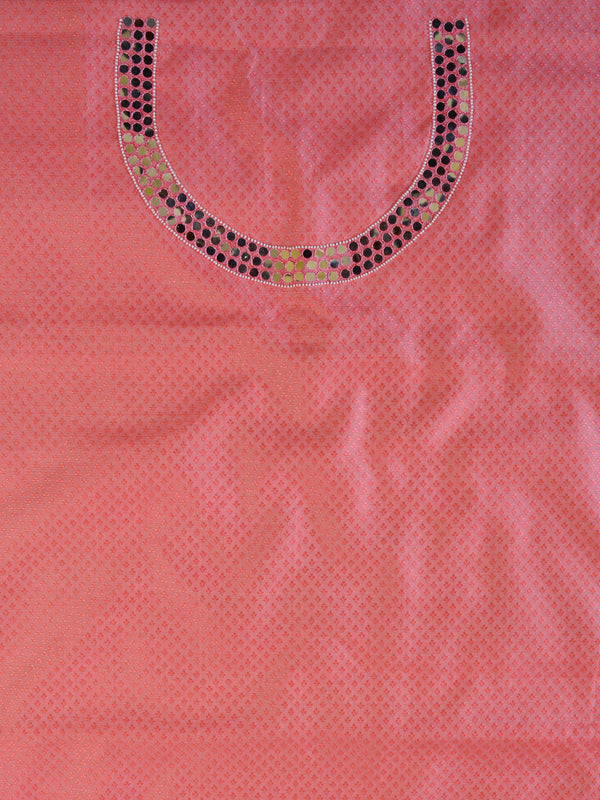 Banarasee Hand-Embroidery Chanderi Cotton Salwar Kameez Fabric With Art Silk Dupatta-Peach & Blue